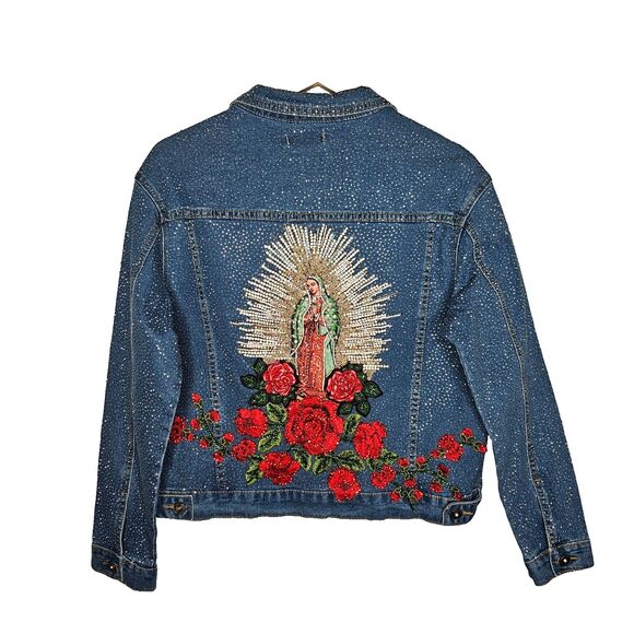 Phoebe J. Jackets & Blazers - PHOEBE J. Embellished Denim Jacket Large Mother Mary Maximalist Rhinestones Rock